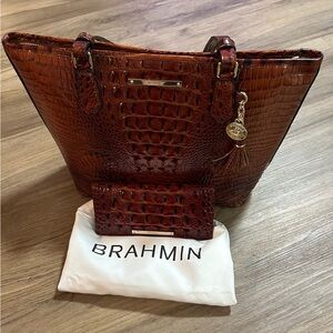 Brahmin Rich Brown Crocodile Embossed Tote & Wallet New